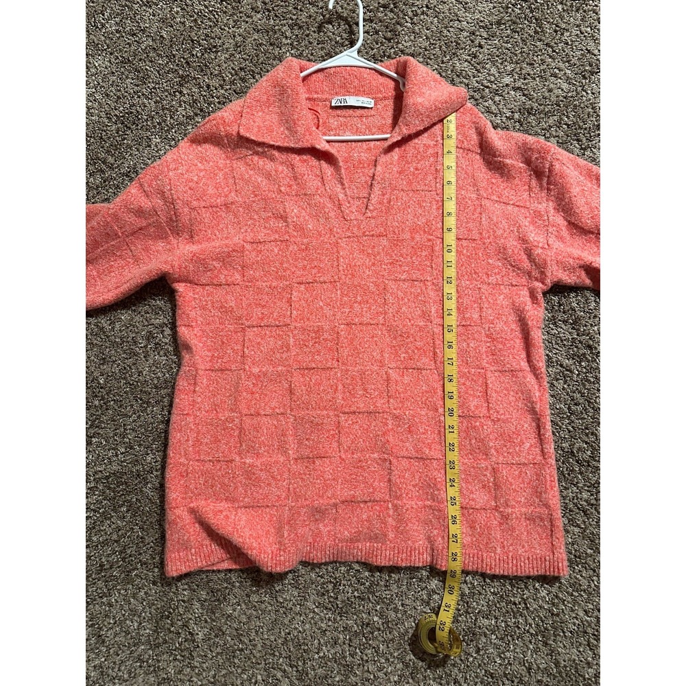ZARA Pink Orange Heathered Checkered Boxy V-Neck Sweater SZ L - Picture 6 of 6